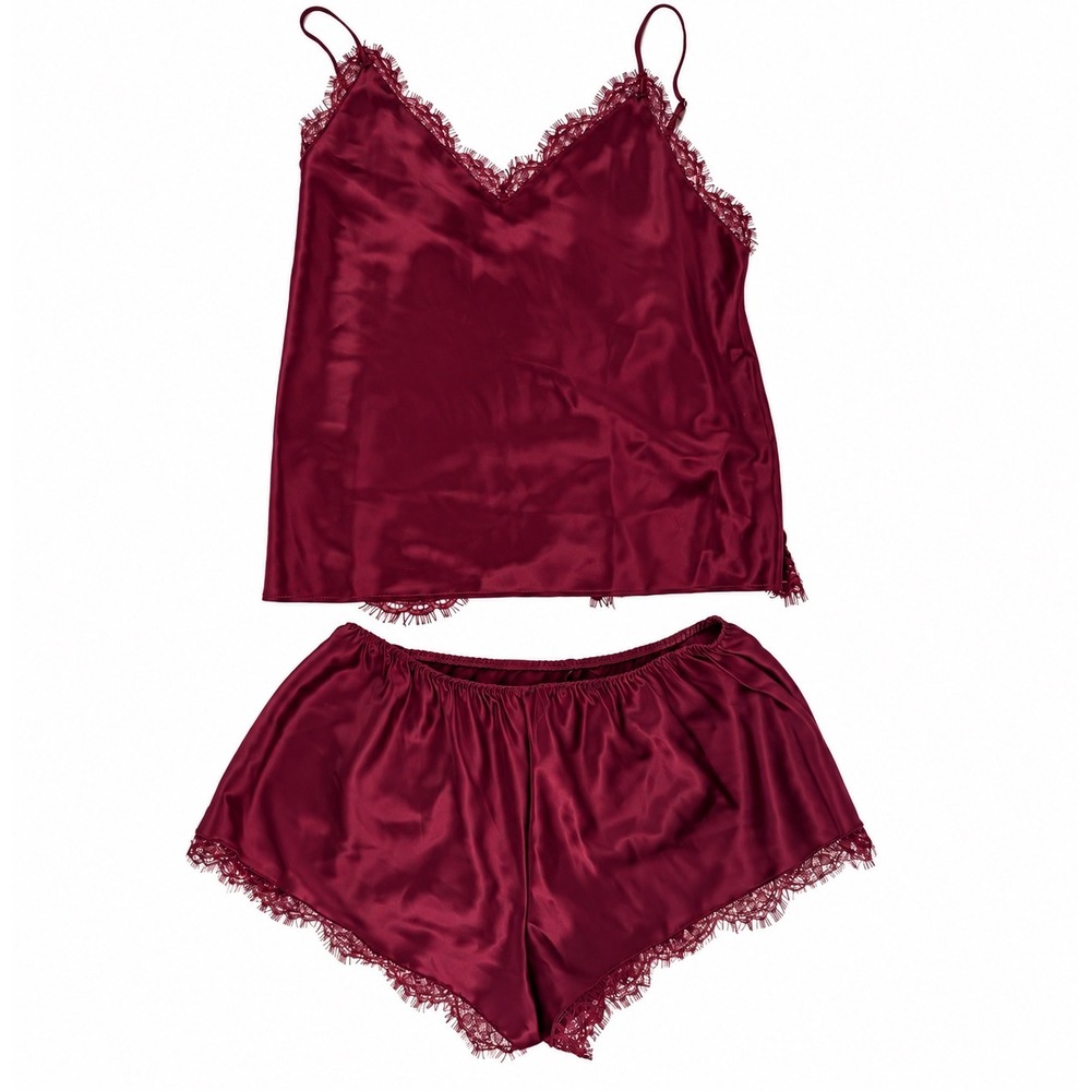 Victorias Secret Satin Lace Cami Short Set Burgundy Red Sleepwear- Small NWT